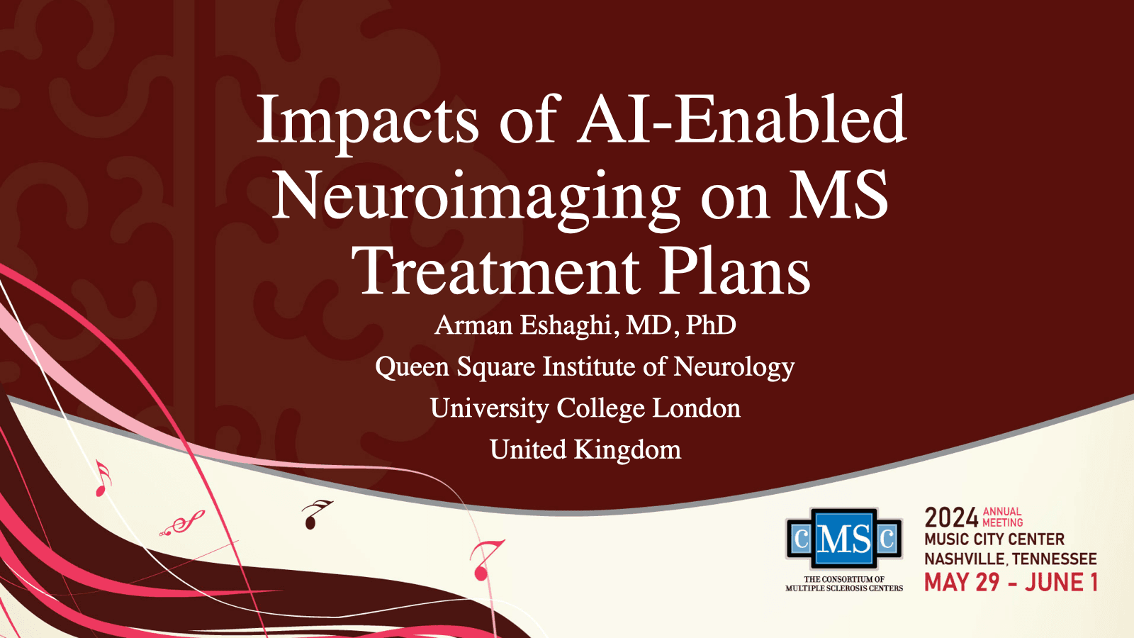 Opening slide for “Impacts of AI-enabled neuroimaging on MS treatment plans” at 38th Annual Meeting of the Consortium of Multiple Sclerosis Centers