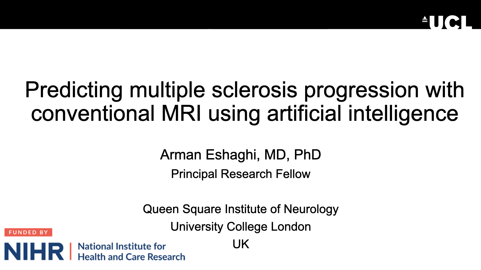 Opening slide for “Predicting multiple sclerosis progression with conventional MRI using artificial intelligence” at 41st MAGNIMS Plenary Meeting and Workshop
