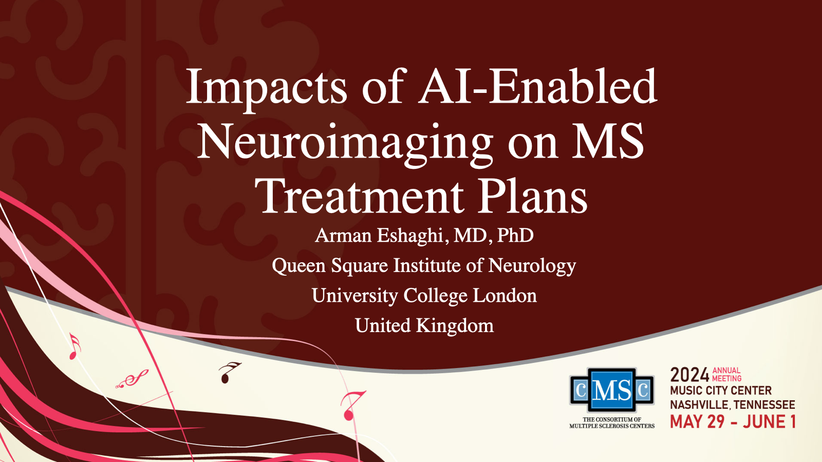 Opening slide for “Impacts of AI-enabled neuroimaging on MS treatment plans” at 38th Annual Meeting of the Consortium of Multiple Sclerosis Centers
