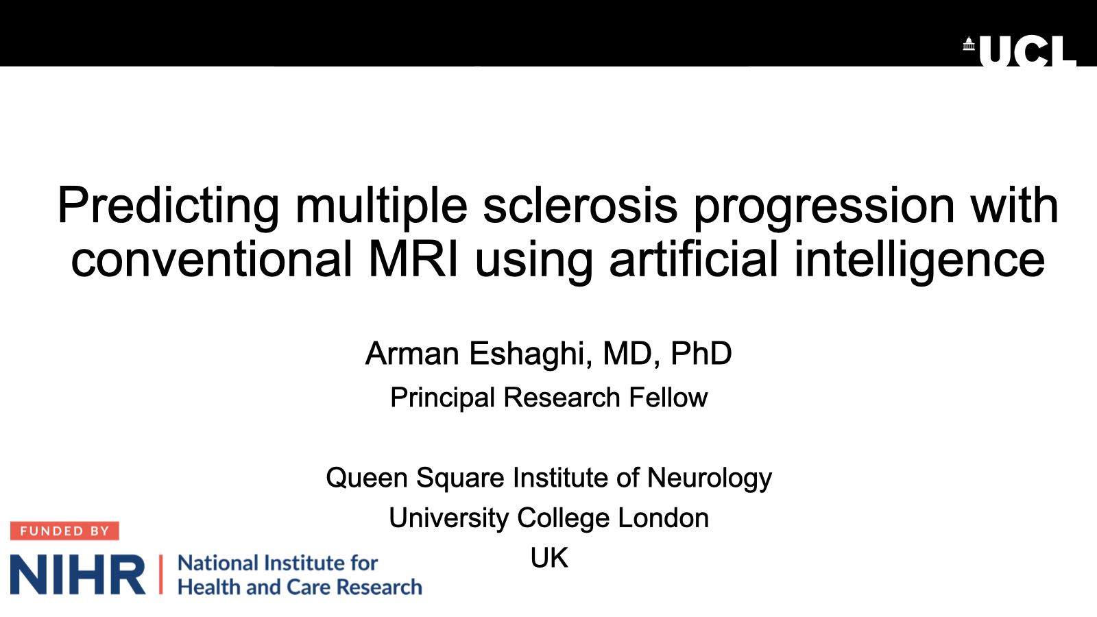 Opening slide for “Predicting multiple sclerosis progression with conventional MRI using artificial intelligence” at 41st MAGNIMS Plenary Meeting and Workshop
